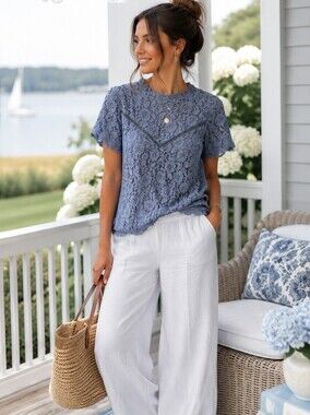Bohme Powder Blue Floral Lace Top | Euro Summer Coastal Chic Boho Blouse for Wom